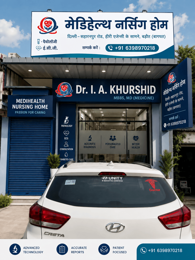 Front of Medihealth Nursing Home in Baraut with the blue signboard