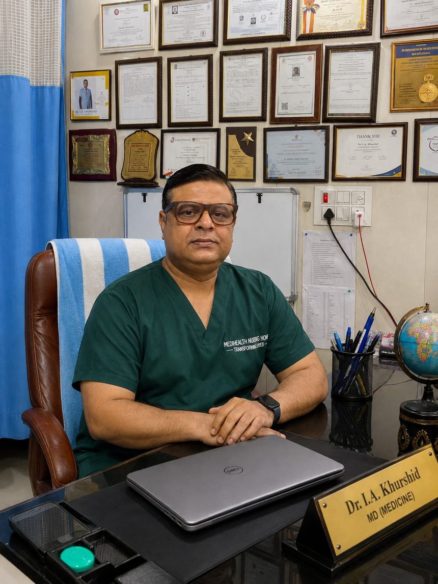 Dr. I. A. Khurshid at his consultation desk at Medihealth Nursing Home, Baraut