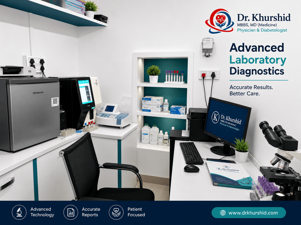 Pathology laboratory with analysers and microscope at Medihealth Nursing Home