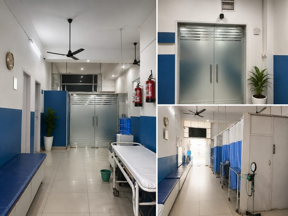 Clean inpatient ward with curtained beds at Medihealth Nursing Home, Baraut